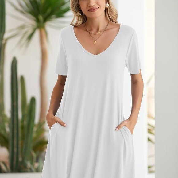 Women Casual Summer Dress Loose T Shirt V Neck Plus Size Swing Beach Dress - Picture 3 of 6